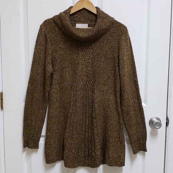 Carolyn Taylor Sweater Womens XL Acrylic Brown Cowl Neck Cable Knit Flare Hem - Picture 1 of 7